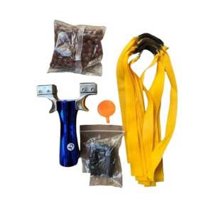 Laser slingshot with blue handle, yellow rubber bands, steel balls, and a red laser sight - Spirit Level