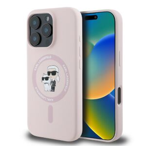 Karl Lagerfeld iPhone 16 Pro Max Rosa Hülle mit Karl und Choupette Design - Handyhüllen