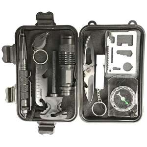 10 az 1-ben túlélőkészlet tokban, beleértve a zseblámpát, iránytűt, kést, tűzgyújtót, sípot, tollat, multi-eszközt és még sok mást - Horgász túlélőkészlet