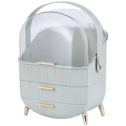 Szürke akril kozmetikai tároló doboz két fiókkal és átlátszó fedéllel, ideális smink és bőrápoló termékek tárolására