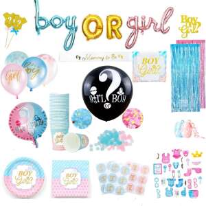 Gender Reveal Party Decorations Set, Boy or Girl, 25 guests, includes plates, cups, napkins, tablecloth, curtains, balloons, stickers, Mommy to Be sash, confetti, and photo props - OEM Party Decoration