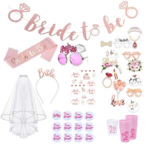 Bride To Be Bachelorette Party Set 11+1: 1 Veil, 1 Sash, 1 Tiara, 1 Banner, Bride Glasses, 11+1 Team Bride/Bride Badges, 11+1 Cups, Photo Props, Tattoos 105140563 - OEM Party Decoration