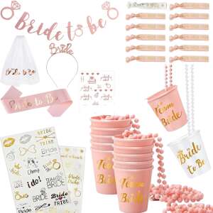 Bride to be party decorations set with veil, tiara, sash, bracelets, cups, tattoos, and hair ties - Party Decoration