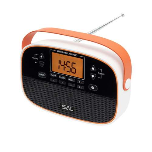 SAL RPR4LCD AM/FM radio with clock, orange and white, front view