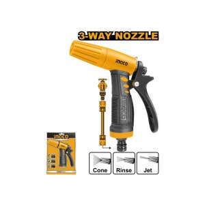 INGCO 3 állású állítható öntözőpisztoly, kúp, öblítés és sugár spray beállításokkal - INGCO