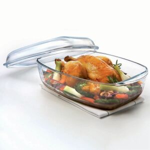 Pyrex Essentials 7 literes téglalap alakú üveg sütőtál fedővel, sütőben használható, sült csirkével - Pyrex