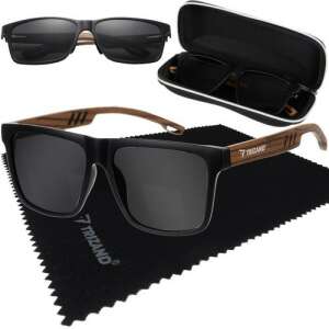 Trizand polarized sunglasses with wooden temples, black frame, black lenses, comes with a case and cleaning cloth - Trizand