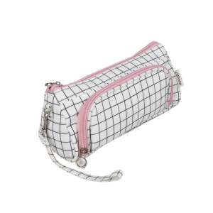 White and black checkered pencil case with pink zipper, closed, angled view - Pencil Case