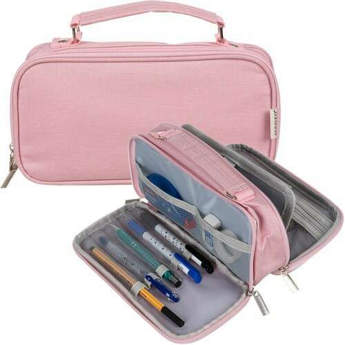 Pink large pencil case with two compartments, open view showing interior organization and pens