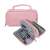Pink large pencil case with two compartments, open view showing interior organization and pens