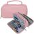 Pink two-compartment pencil case, open with stationery