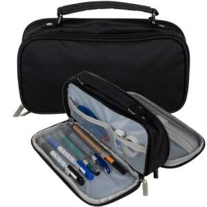 Black double pencil case with handle, open, showing compartments and pens - Pencil Case
