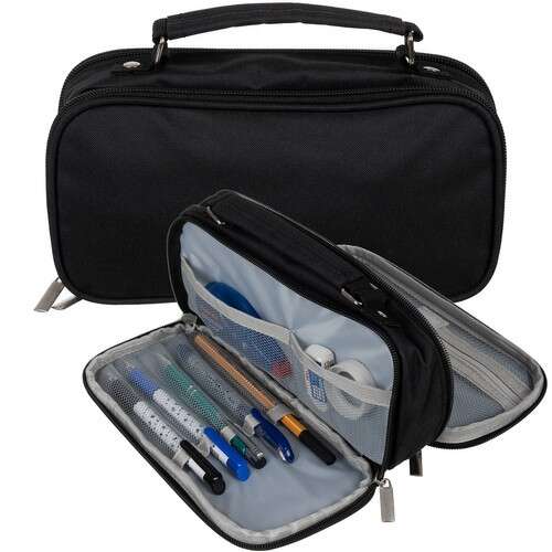 Black double pencil case with handle, open, showing compartments and pens