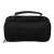 Black double pencil case with handle, closed, back view