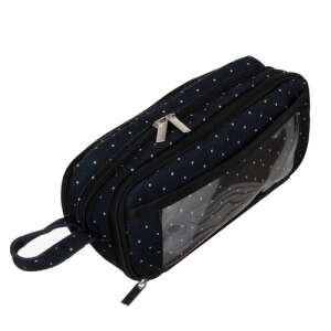 Black pencil case with white dots, 3 compartments, zipper closure, handle, transparent window - Pencil Case