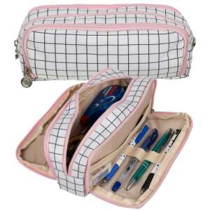 White and black checkered pencil case with pink zipper, open, showing interior compartments and pens - Pencil Case
