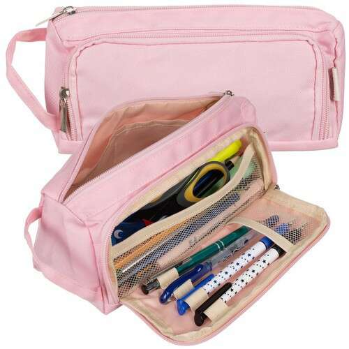 Pink pencil case with two mesh compartments, open view with pens and pencils inside