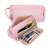 Pink pencil case with two mesh compartments, open view with pens and pencils inside