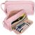Two pink pencil cases, one open with stationery