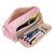 Open pink pencil case with two mesh compartments filled with stationery