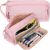 Two pink pencil cases, one open with stationery