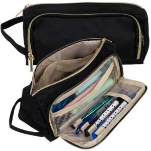 Black pencil case with two compartments and a mesh pocket, open to show the interior - Pencil Case