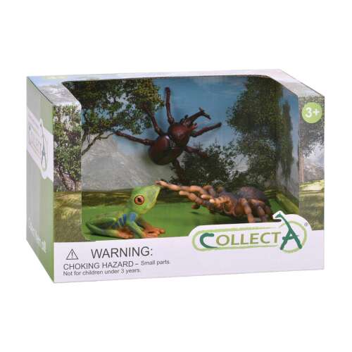CollectA 3-piece set of realistic animal figures: a tarantula, a rhinoceros beetle, and a red-eyed tree frog