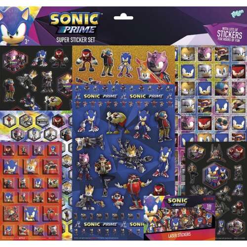 Sonic Prime szuper matricák készlete több mint 300 matricával, a Netflix sorozat karaktereivel, köztük Sonic, Tails, Knuckles, Amy és Shadow.