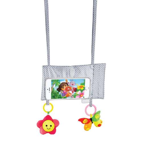 BabyJem autós telefontartó játékokkal babáknak, szürke fehér pöttyökkel, a telefon képernyője a baba felé néz, két lógó játék tartozik hozzá