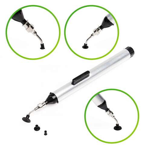 Vákuumfogó toll 3 szívókoronggal apró tárgyak felvételéhez, bemutatva a különböző szívókorong méreteket