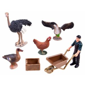 Farm Animal Figures Set: Ostrich, Chicken, Goose, Duck and Farmer with Wheelbarrow - Figure
