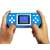 Hands holding a SY-868 handheld game console with 230 games, featuring a blue and white design with a screen displaying a game