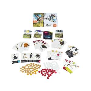 Stwory z Obory card game components, including cards, tokens, and a die - Toy