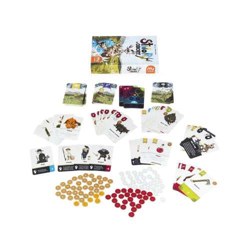 Stwory z Obory card game components, including cards, tokens, and a die