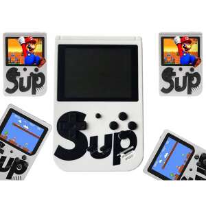 Collage of white handheld retro game consoles with black buttons and 'Sup' logo, showing different angles and game screens with Mario - Gaming