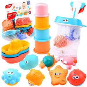 Huanger Bath Toys Set for Babies, 12+ Months, includes net, ships, cups, balls, and rubber animals - Bath Toy