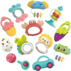 12 darabos babacsörgő és rágóka készlet, különféle állat és jármű mintákkal, tökéletes az érzékszervi fejlődéshez és a fogzás enyhítéséhez - Baba fogápolás