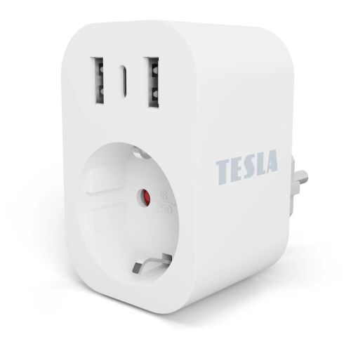 Tesla Smart Plug SP300 3/4-es nézet, USB portokat és aljzatot mutat - Tesla Smart