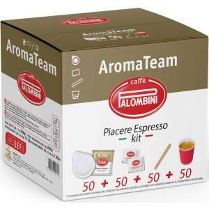 Set de capsule de cafea Palombini Aroma Team Piacere Espresso cu 50 capsule, 50 pliculețe de zahăr, 50 bețișoare de amestecat și 50 căni - Alimente & Băuturi