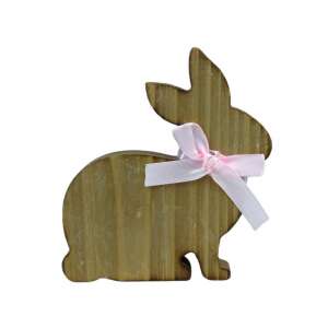 Decoratiune iepure de Paște din lemn cu fundă roz, 11cm - Decorațiuni de Paște