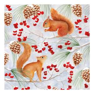 Squirrel Chat papírszalvéta téli mintával, két mókus, fenyőtoboz és bogyók - Szalvéta