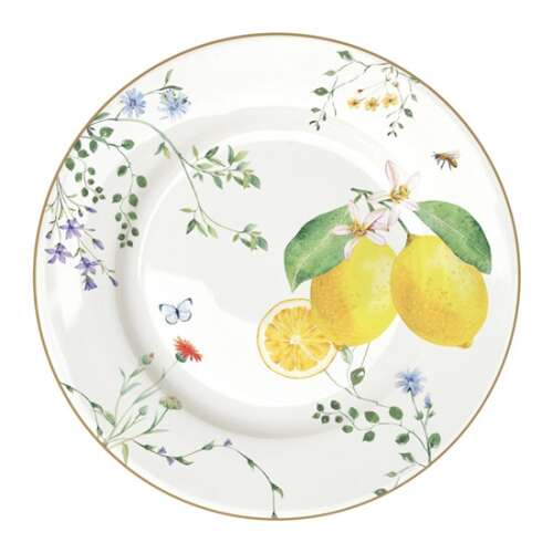 R2S.944FCIT 19cm porcelán desszerttányér, Fleurs et Citrons mintával, citromokkal és virágokkal