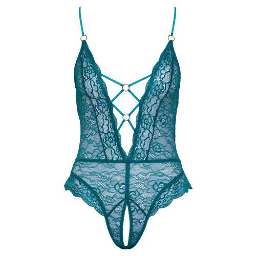 Elülső nézet a Cottelli Lingerie zöld csipkés bodyról keresztezett pántokkal és nyitott háttal - Cottelli
