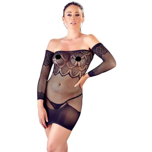 Mandy Mystery fekete háló mini ruha passzoló tangával és harisnyatartóval - elülső nézet