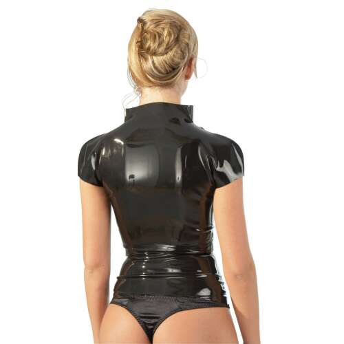 Fekete latex felső cipzárral, rövid ujjakkal, magas nyakkal, hátulról