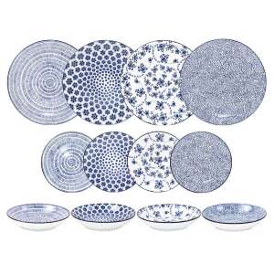 Ibili Armonia 12-teiliges blaues Porzellangeschirr-Set mit 4 verschiedenen Designs für eine harmonische Tischdekoration - Teller