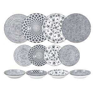 Zestaw naczyń obiadowych Ibili Armonia Black, 12 elementów, z 4 różnymi wzorami, w tym talerze głębokie, płaskie i deserowe - Obsługa