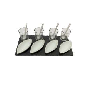 Set de aperitive Excellent Houseware, tavă de servire din ardezie cu 4 boluri din porțelan, 4 pahare din sticlă și 4 lingurițe - Boluri de servit