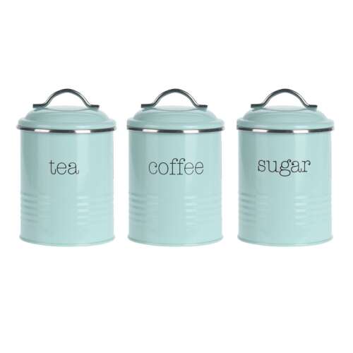 Set de 3 recipiente metalice de culoare turcoaz pentru cafea, zahăr și ceai, Excellent Houseware