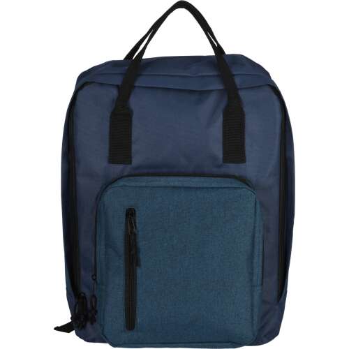 Blue polyester backpack with front pocket, perfect for students, work, or travel